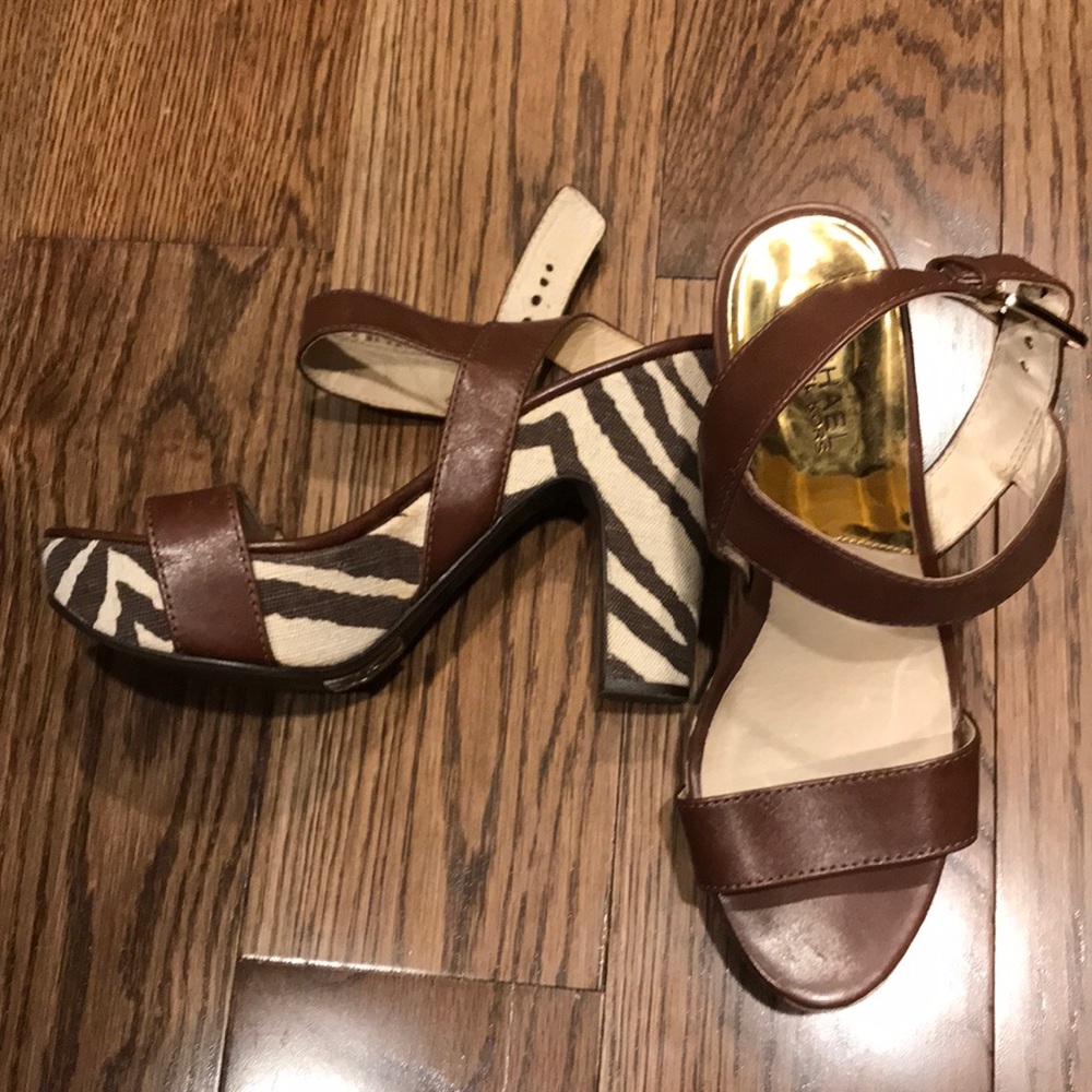 Michael Kors Brown Leather Sandal Heels with Zebra Print